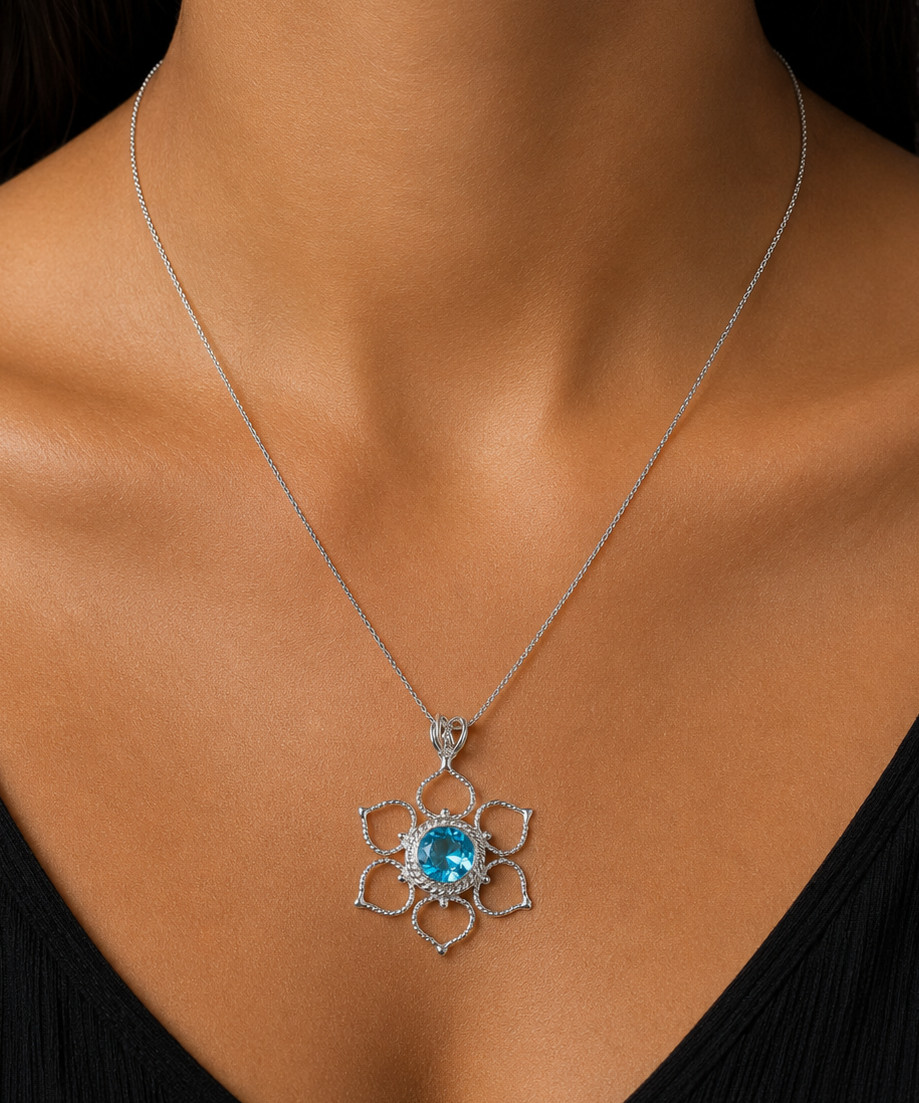 Swiss Blue Topaz Gemstone Jewelry 925 Silver Handmade Boho Pendant 1.44″ Gifts