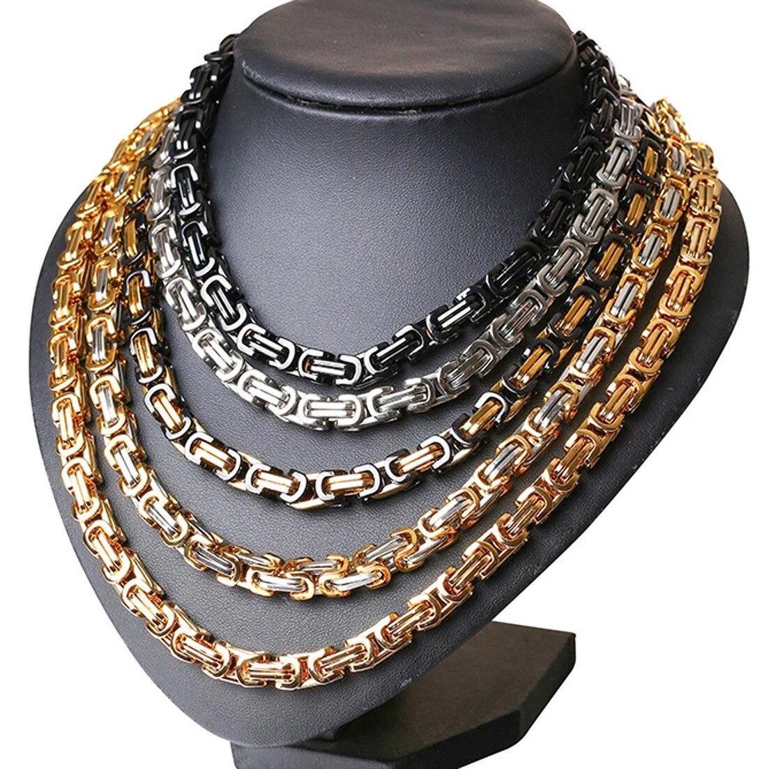 4/5/8mm Stainless Steel Byzantine Link Chain Necklace Men Gold Silver Black