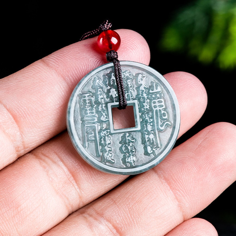 Natural Grade A Jade Jadeite Blue Green Pot Coin-Shaped Keep Safe Pendant