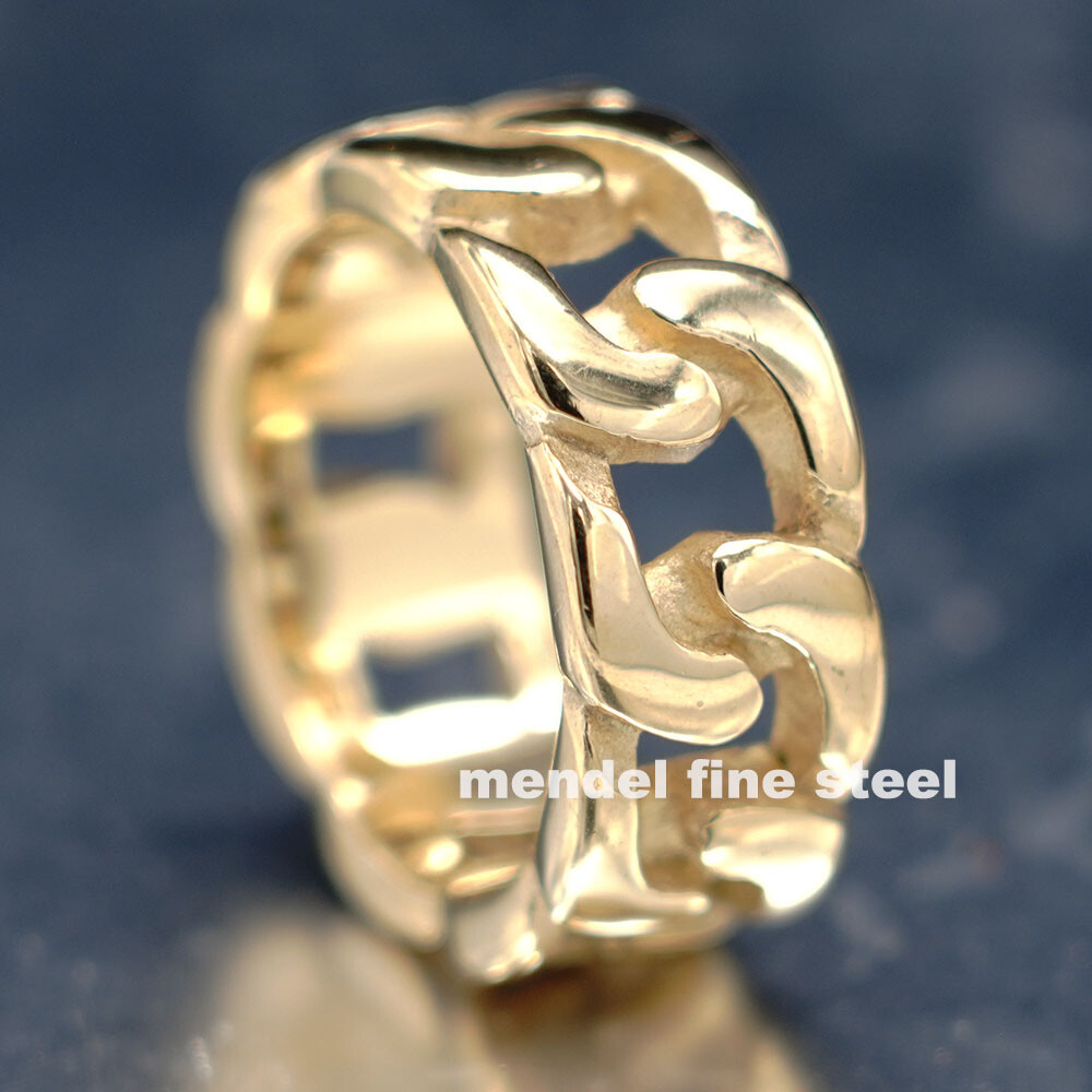 MENDEL Mens 10k Gold Plated Stainless Steel Biker Cuban Link Band Ring Size 7-15