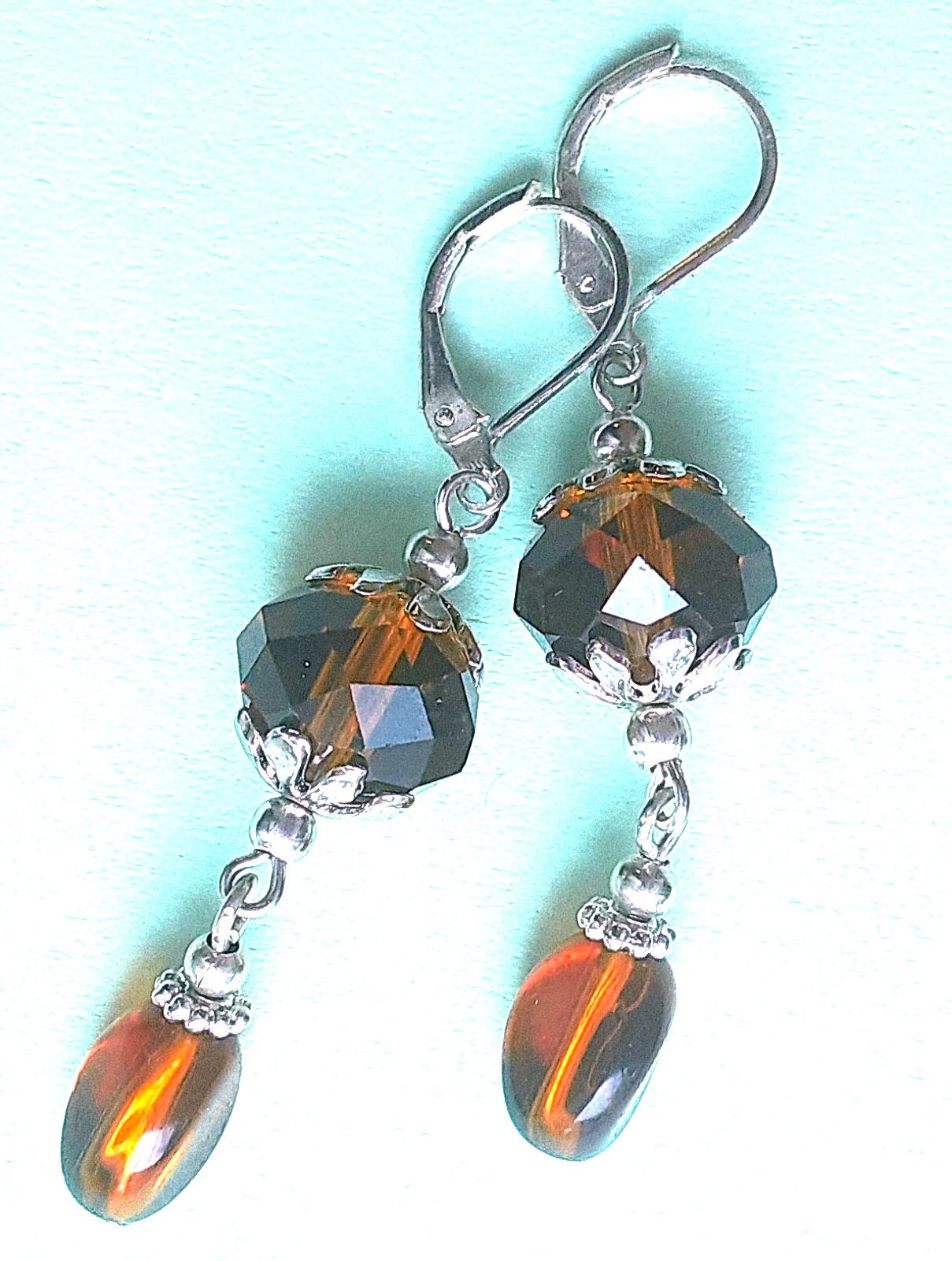 faceted dark TOPAZ color CRYSTAL dangle earring SP LEVER BACK handcrafted X2