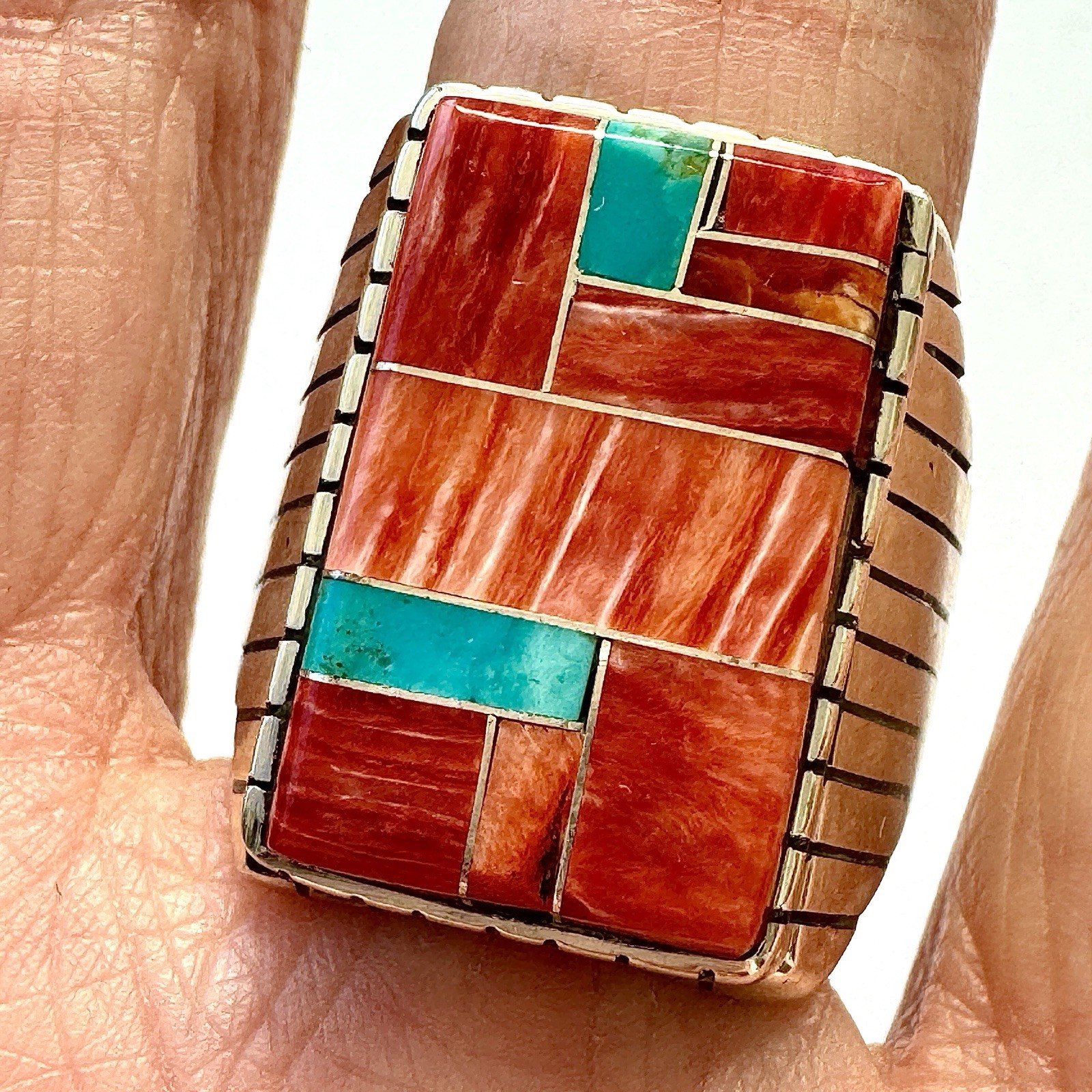 Turquoise Multi Stone Inlay Mens Ring Sz 12.5 Navajo Sterling Signed T Jack 22mm