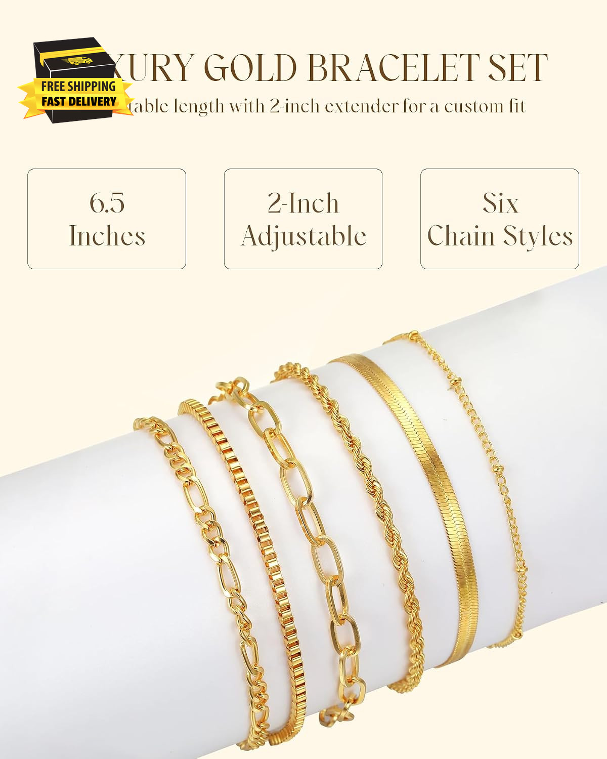 Stackable Ankle Bracelets for Women, 6Pcs 14K Gold Plated Non Tarnish Adjustable