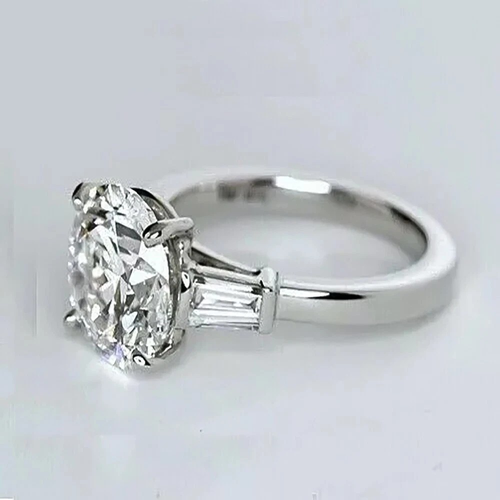 2Ct Round Cut Moissanite Engagement Ring 925 Sterling Silver Tapered Baguette