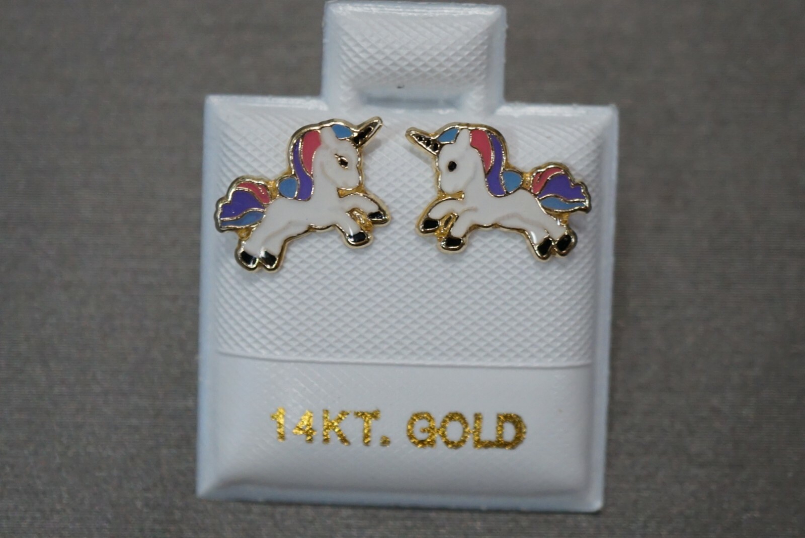 14K Solid Yellow Gold Enamel Unicorn Screw Back Stud Earring.