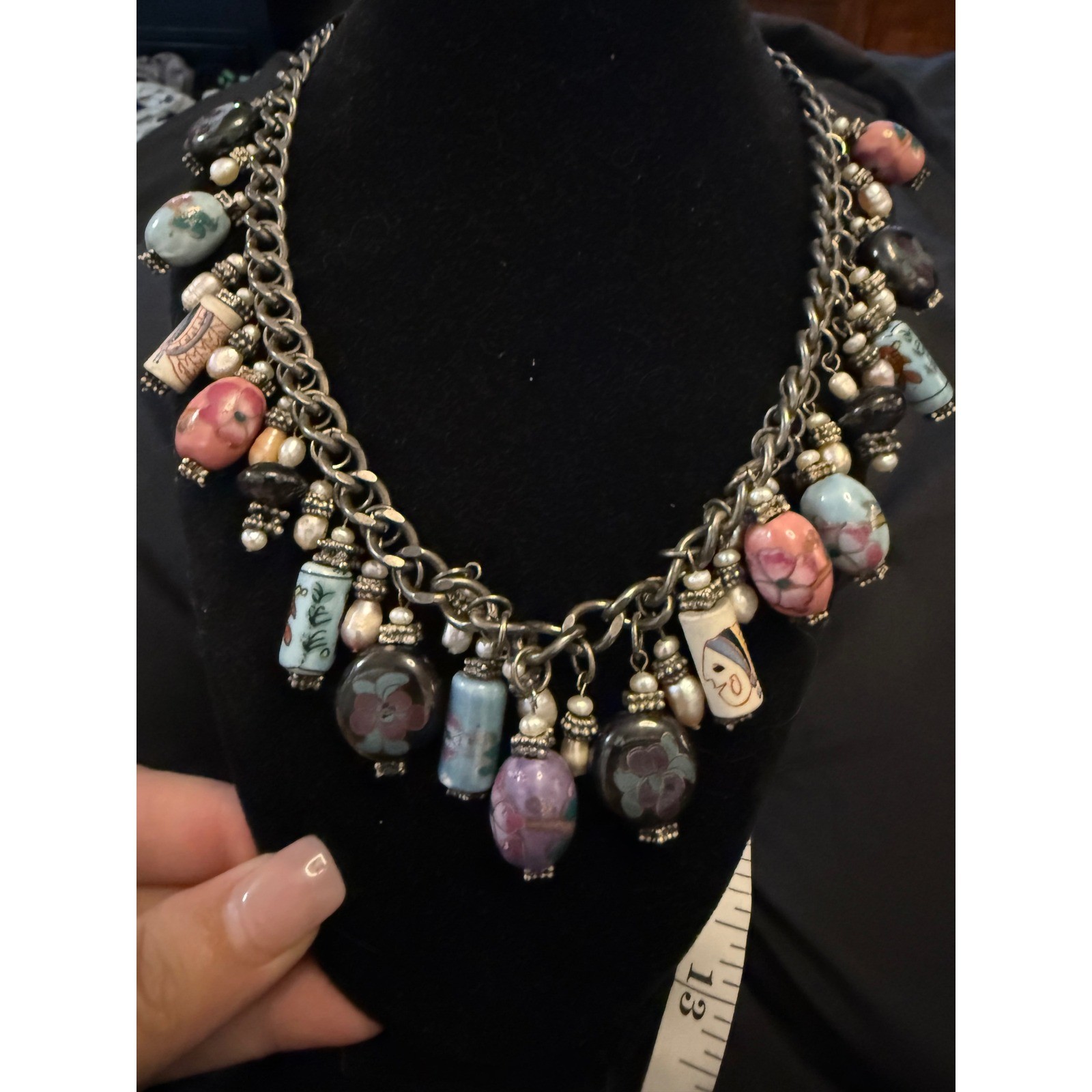 Vintage Hand Painted Ceramic Bead Pearl Charm Necklace Silver Tone 18in