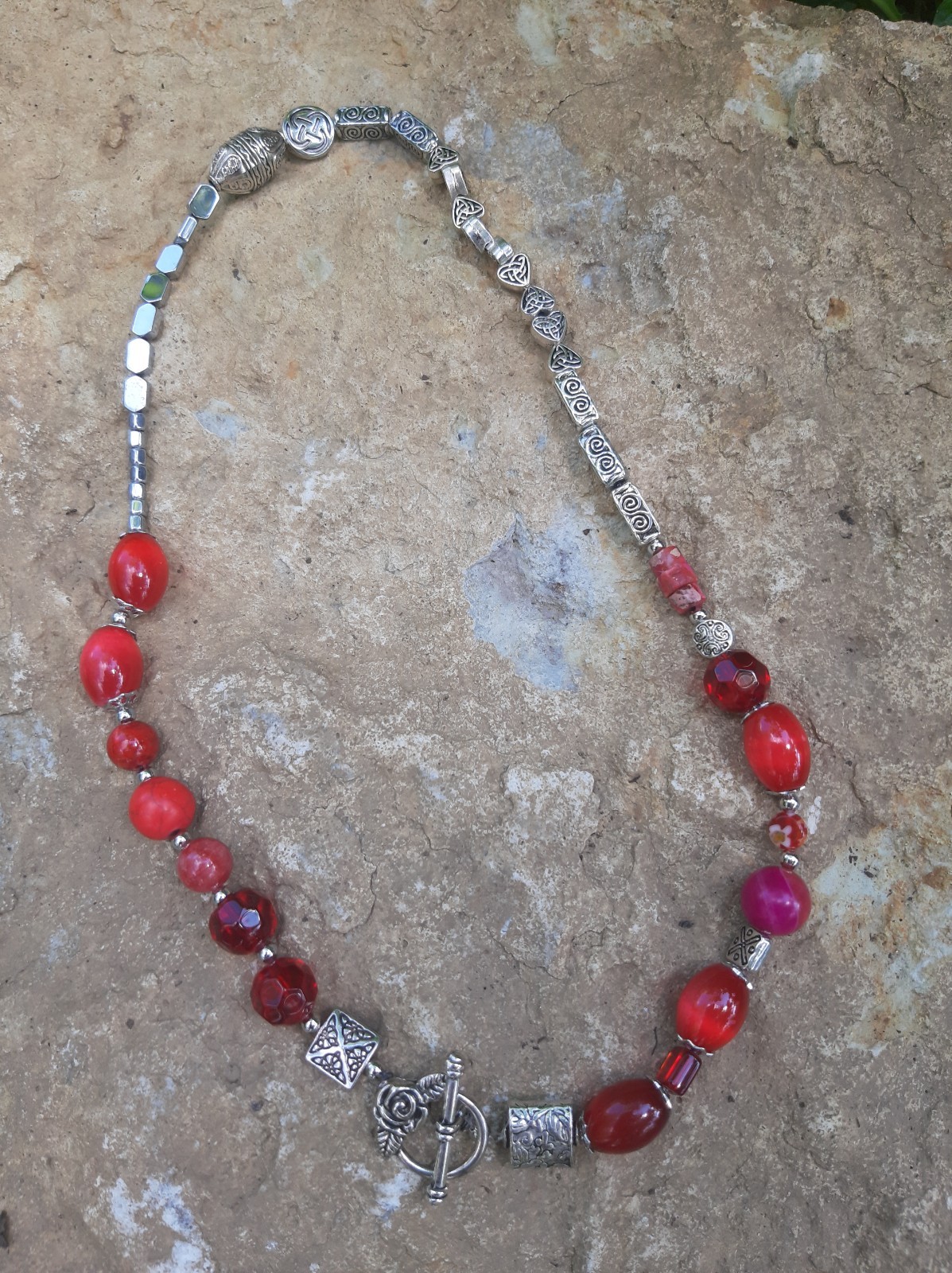 Handmade Jewelry Necklace, Metal, Glass, Agate Beads, Rose Toggle Clasp