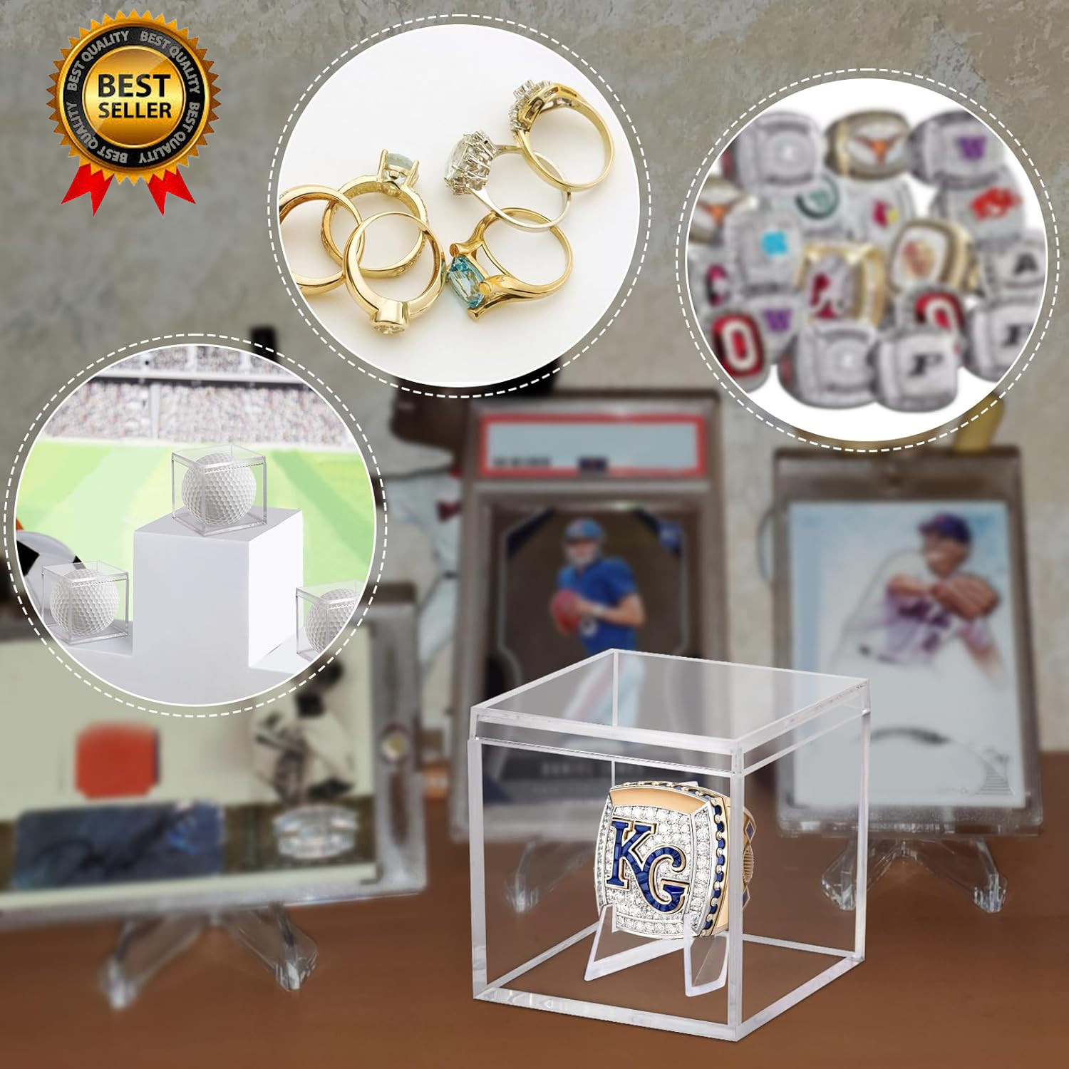 Championship Ring Display Case, Clear Acrylic Memorabilia Stand Cube Holder Dust