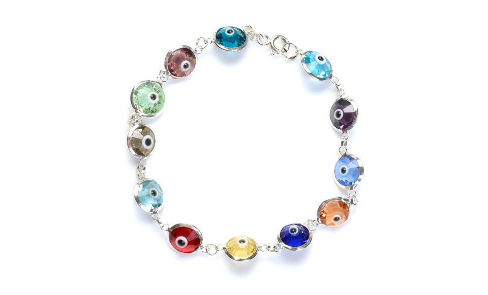 Solid 925 Sterling Silver 10MM Multi-Color Crystal Evil Eye Bracelet – 7.5″