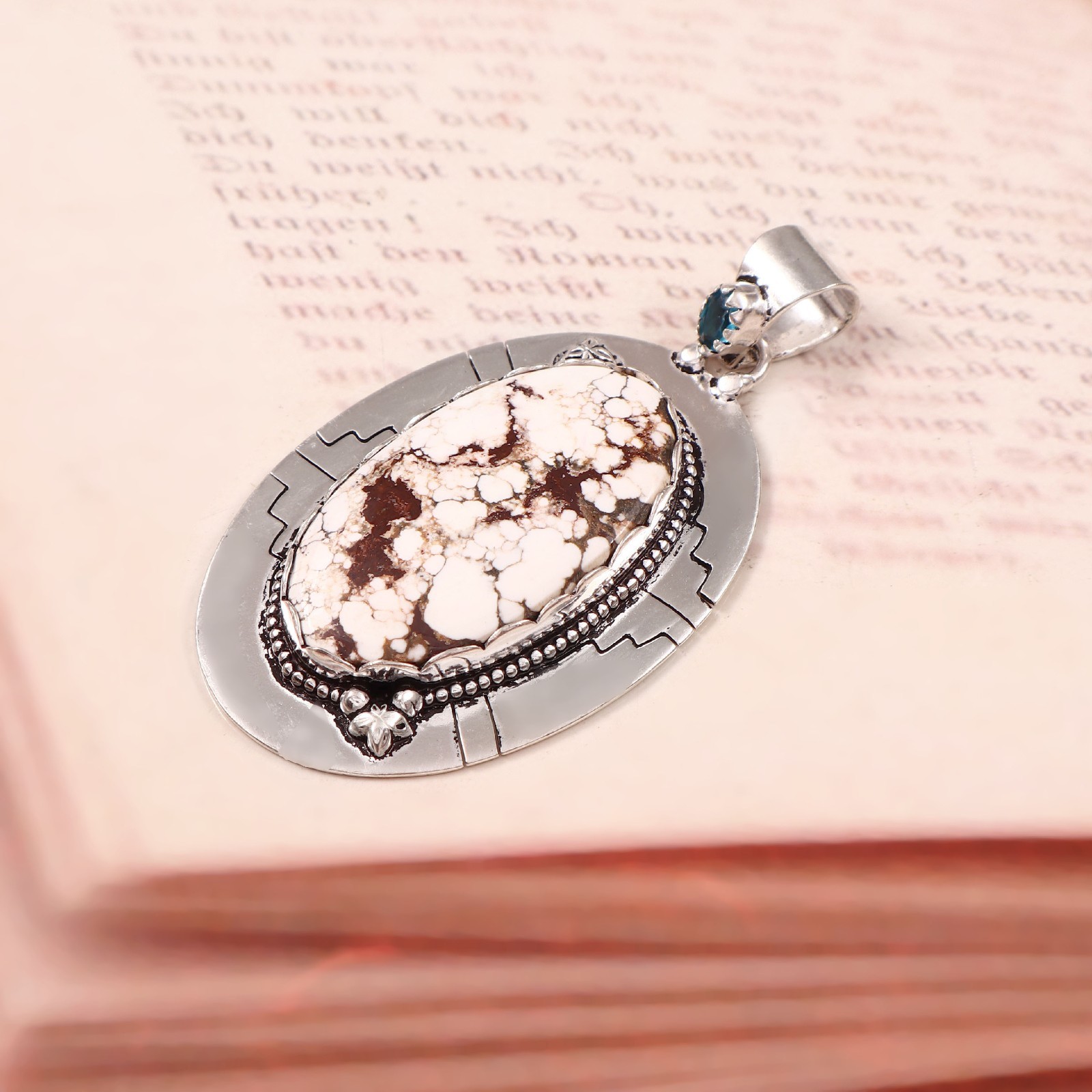 Wild Horse Turquoise & Blue Topaz Pendant 925 Sterling Silver Handmade Necklace