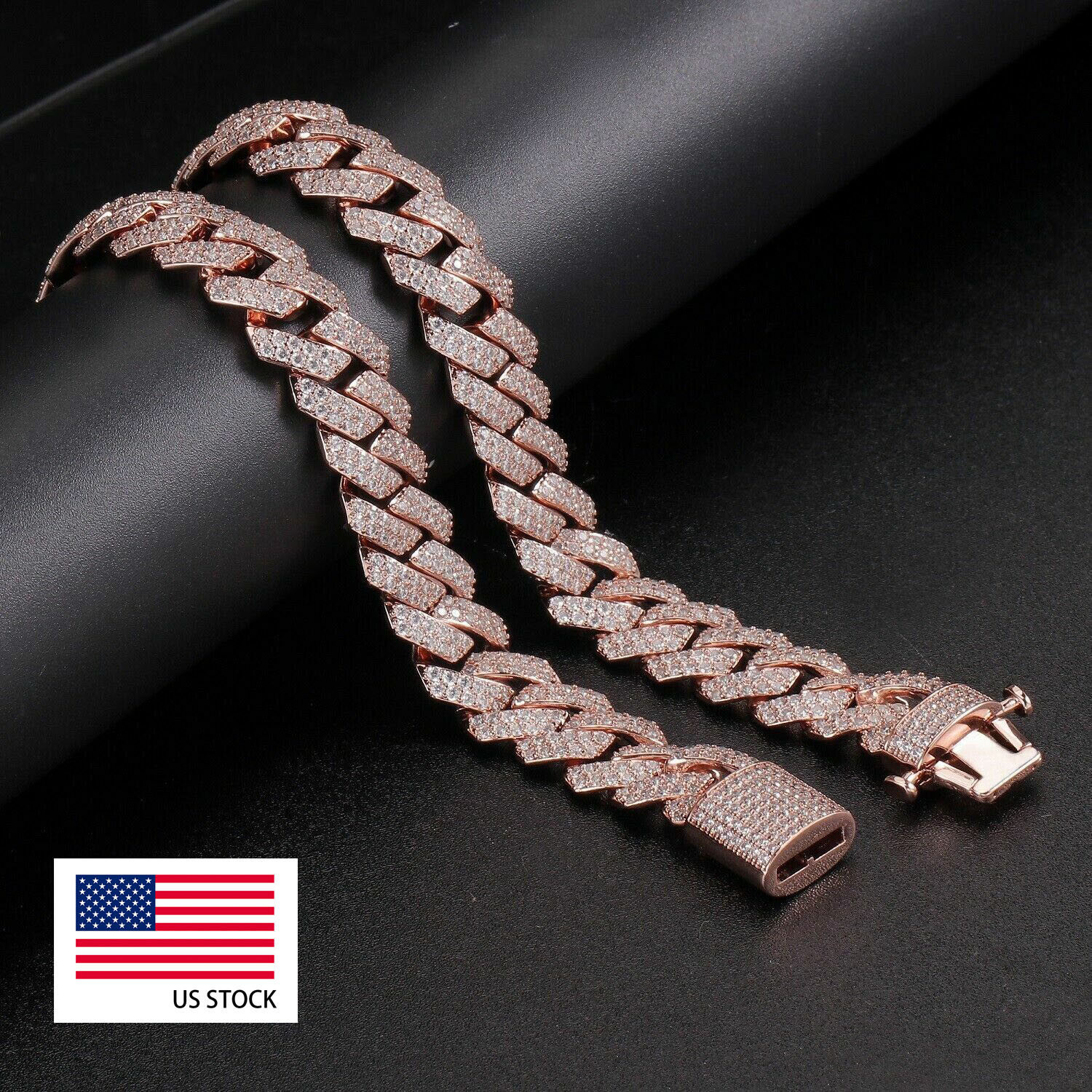 Men’s Rose Gold Plated Ice Out Chain Stainless Steel Miami Cuban Link Bracelet