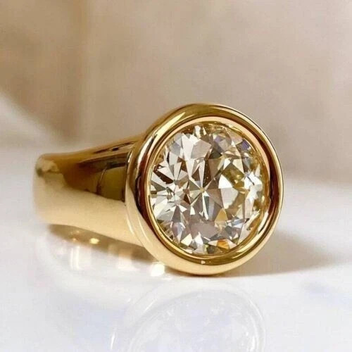 3Ct Round Cut Real Moissanite Bezel Set Engagement Ring 14K Yellow Gold Plated