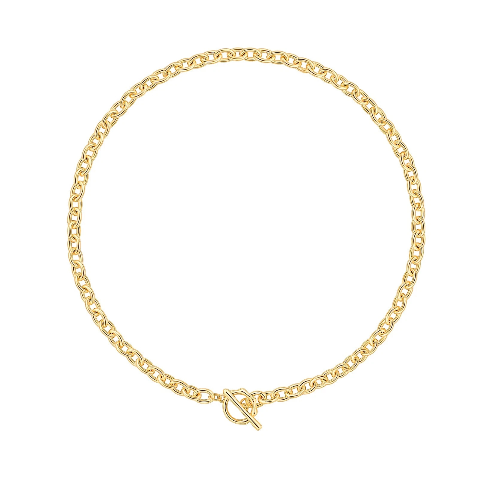 18K Gold Chunky Cable Chain Choker Necklace Open Oval Link Chian Toggle Necklace