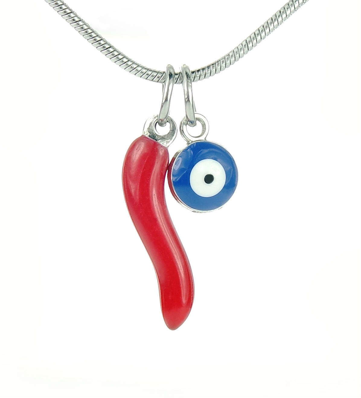 Red Cornicello Blue Evil Eye Necklace, Luck Protection Combo Charm Horn Corno nb