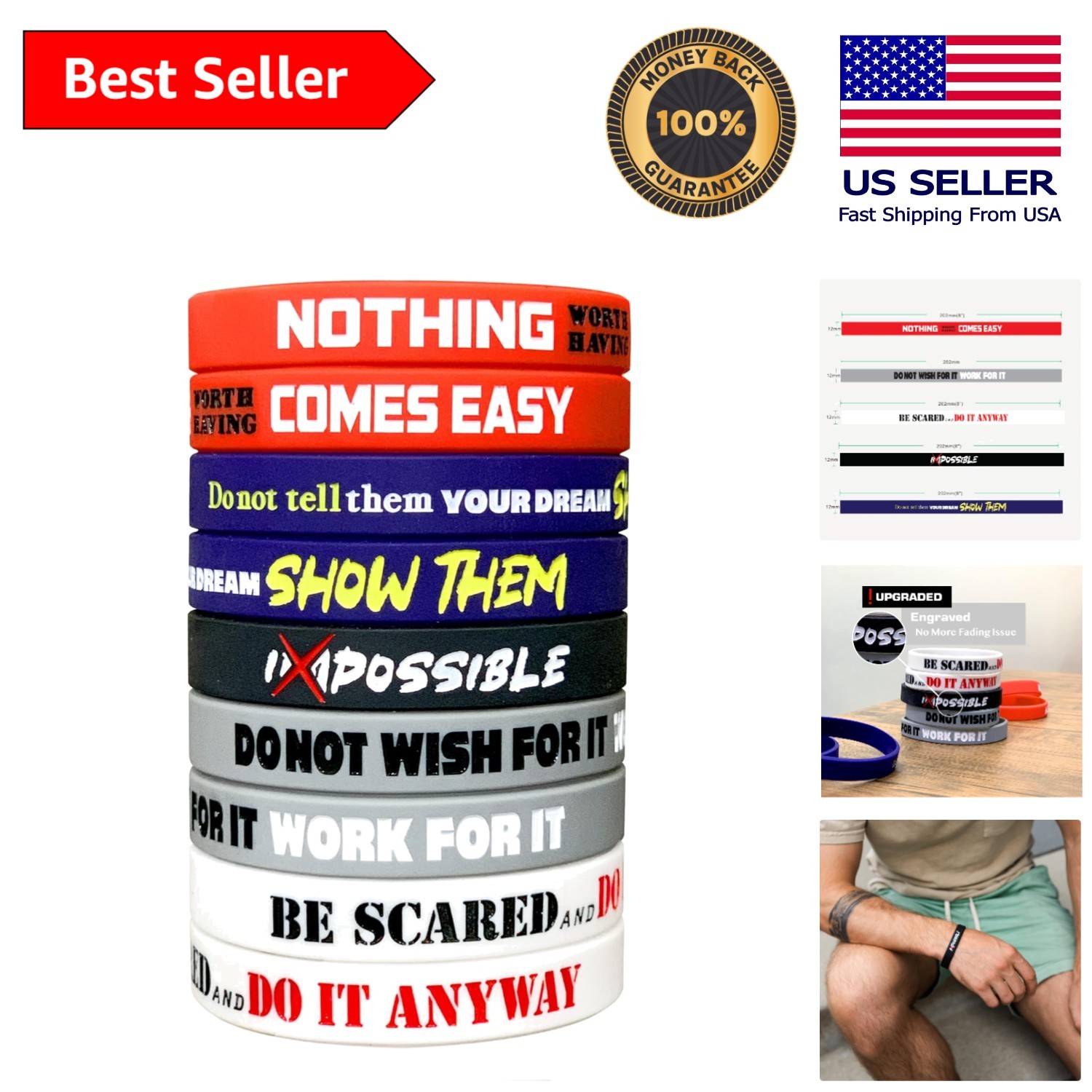 Inspirational 8″ Silicone Bracelets – 12-Pack Motivational Wristbands for All