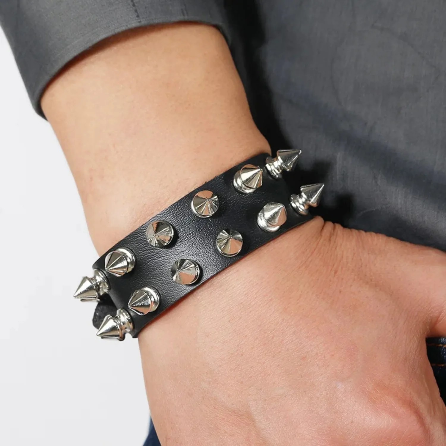 Goth Black Leather Studded Spike Bracelet Adjustable Cuff Unisex Jewelry