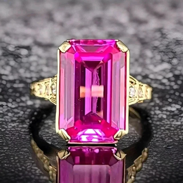 3.50Ct Emerald Cut Lab Created Pink Sapphire Wedding Ring 14K Yellow Gold Plated