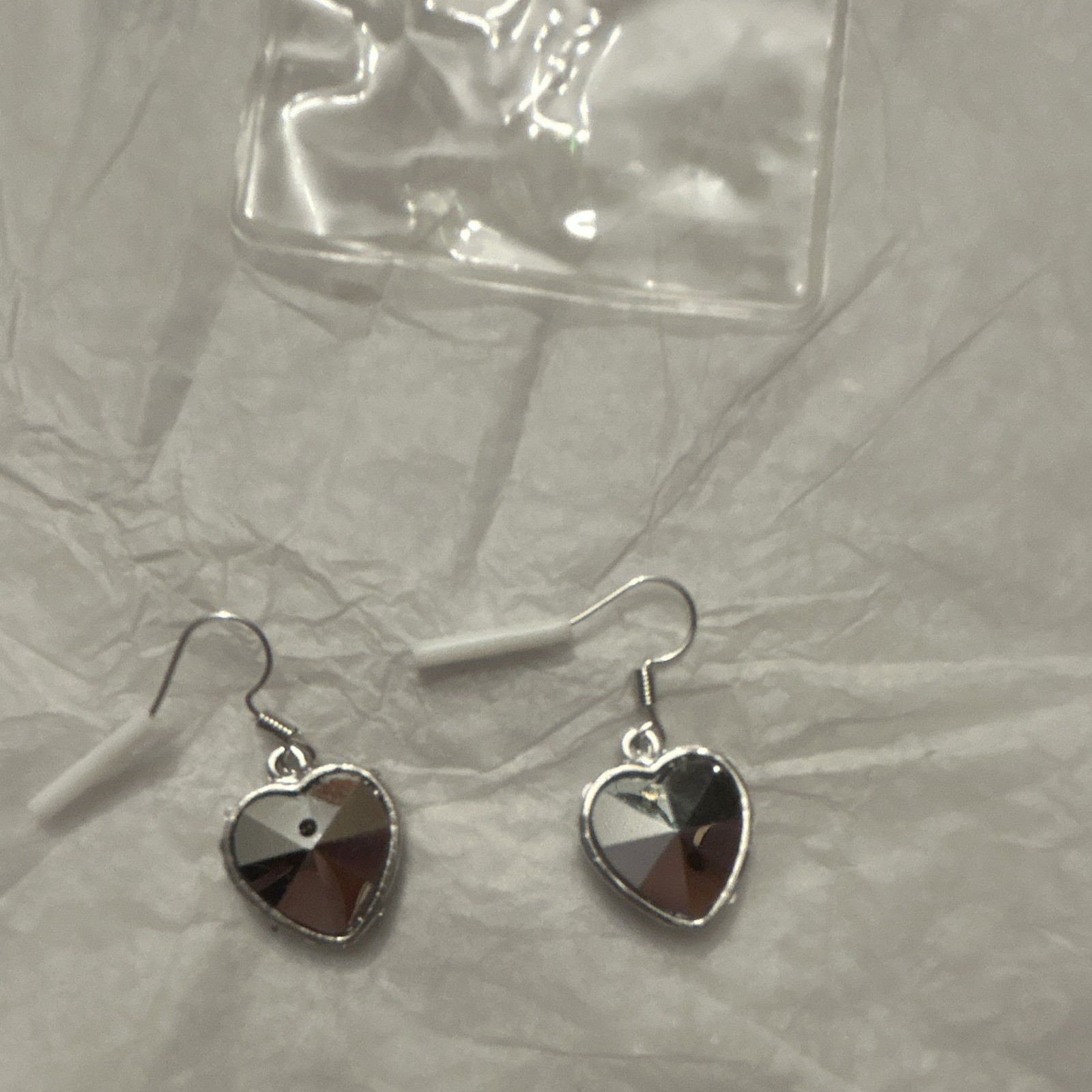 Iridescent Heart Crystal Dangle Drop Hook Earrings Silver Tone