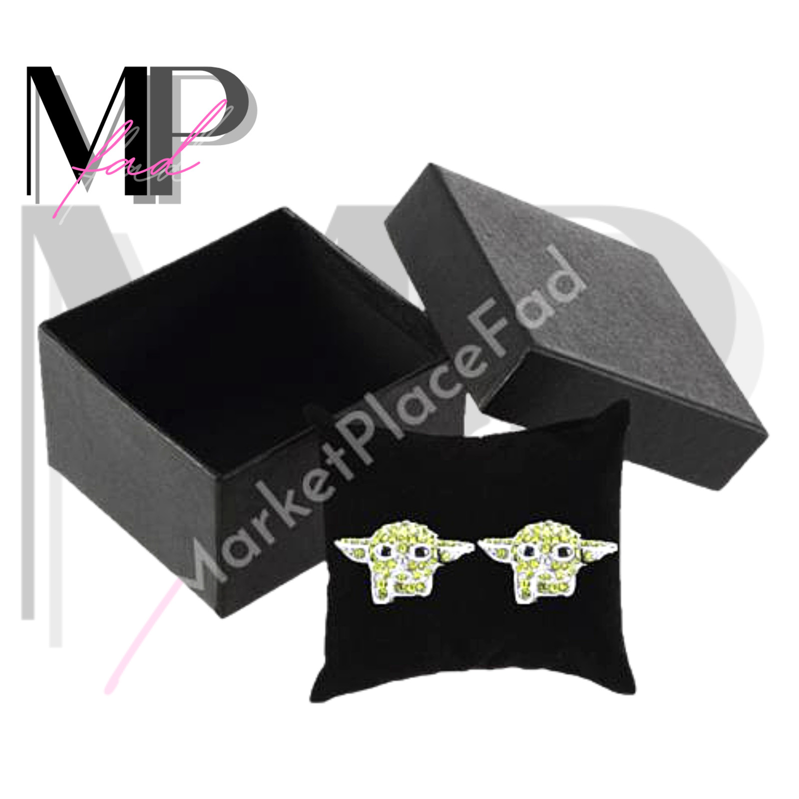 Baby Yoda Earrings Set Stud Butterfly Push Back Closure THE CHILD RHINESTONES