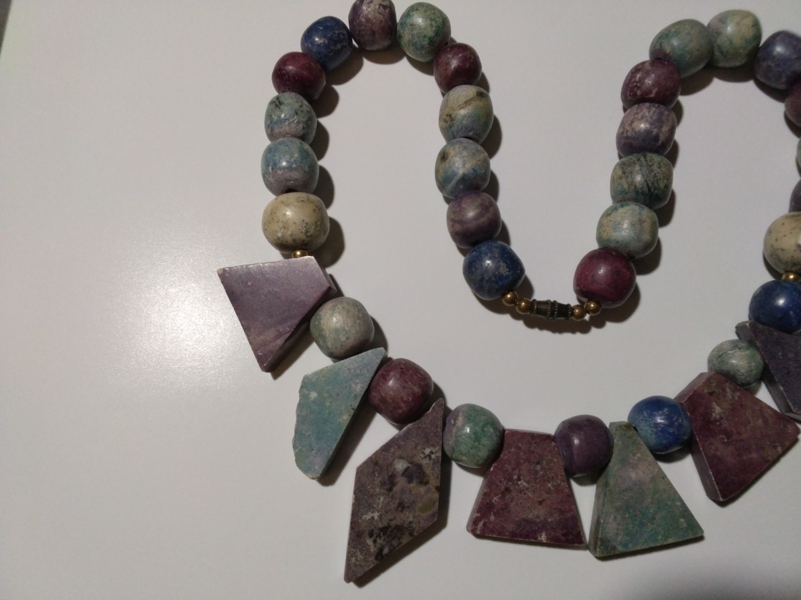 Artisan Multi Gemstone Statement Necklace 19” Chunky Geometric Tabs Lapis Agate
