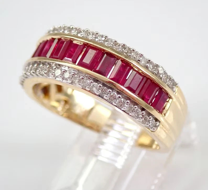3.00 Ct Emerald Cut Natural Ruby & Diamond Wedding Ring 14K Yellow Gold
