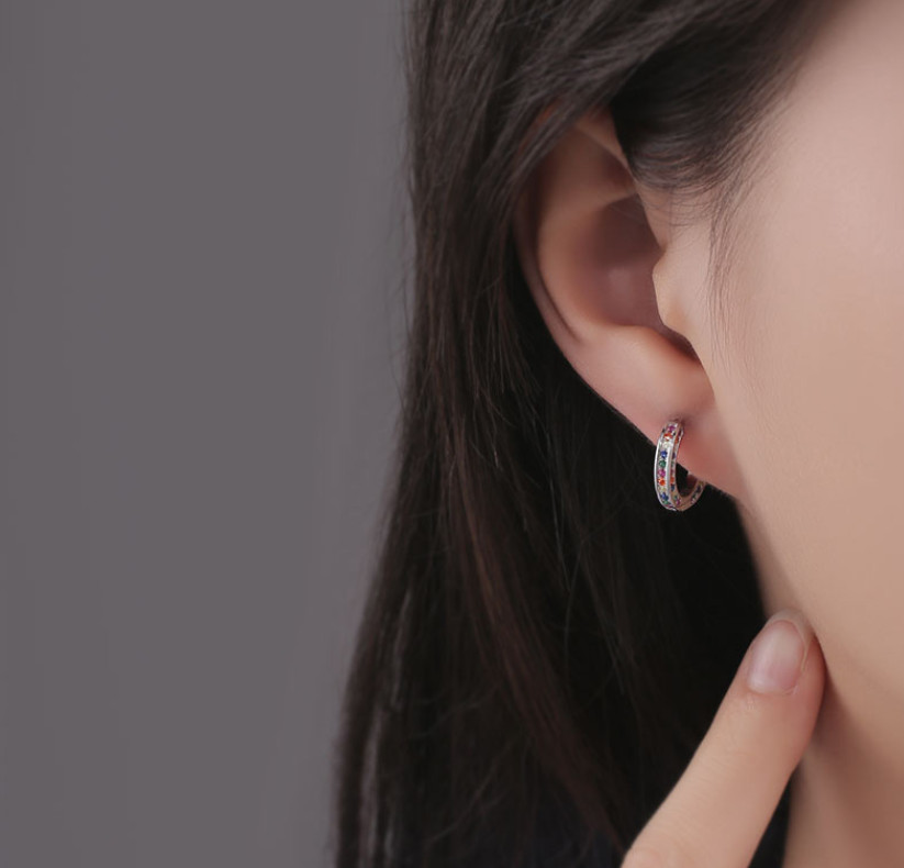 925 Sterling Silver Plated Colorful Cz Tube Huggie Hoop Earrings Women Girl E8