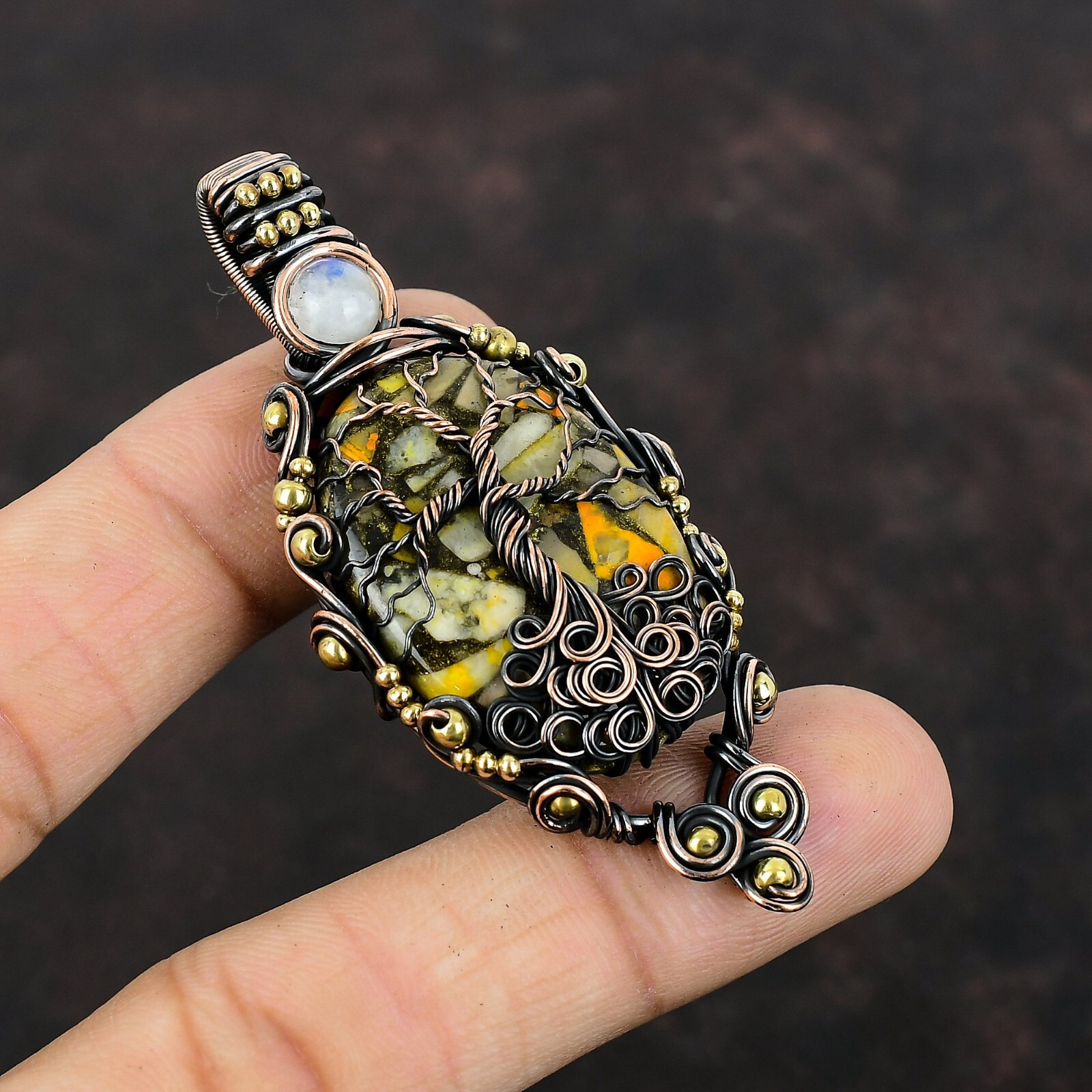 Bumble Bee Jasper Copper Gift For Friend Wire Wrapped Tree Of Life Pendant 2.76″