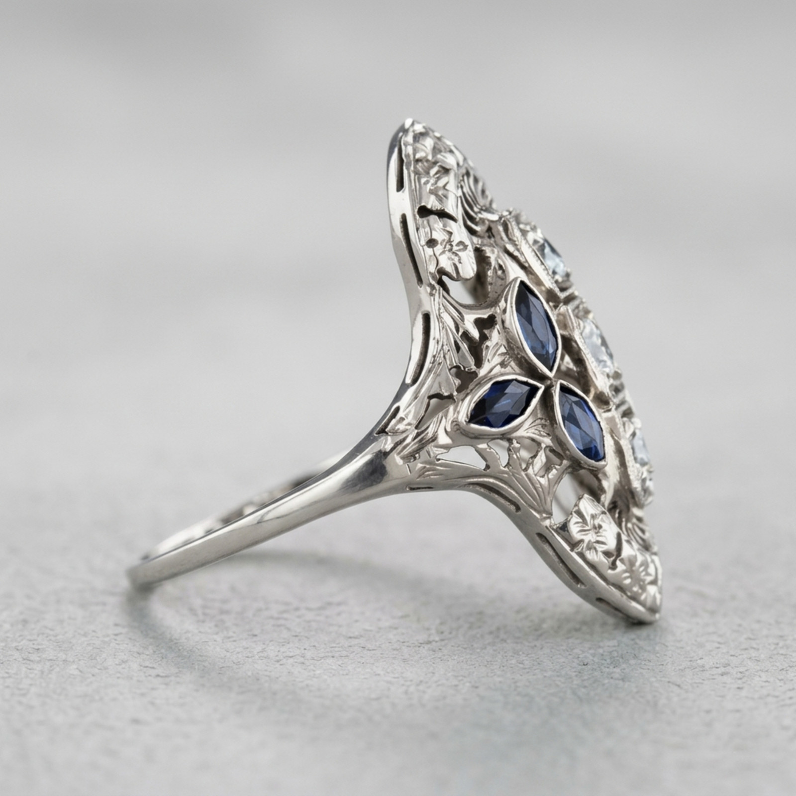 Round Cut Simulated Diamond 14K Gold Edwardian Three Stone Filigree Dinner Ring