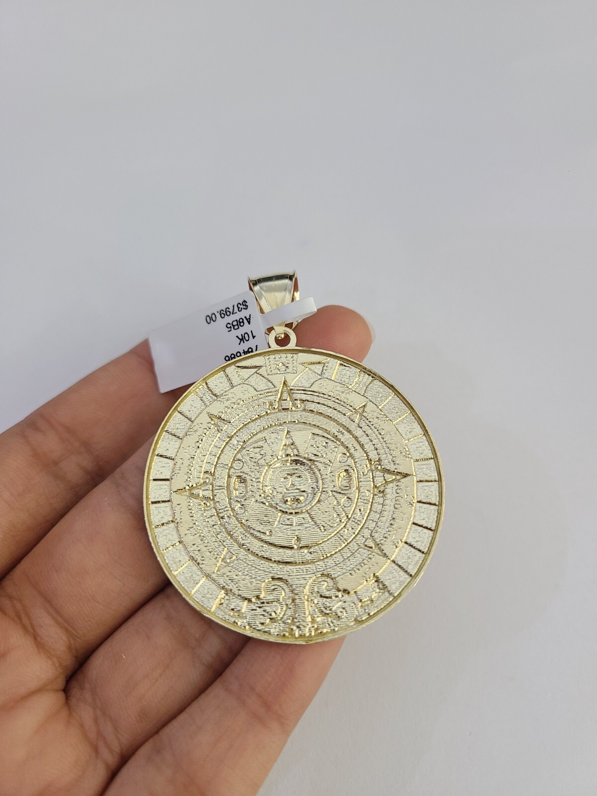 SOLID Real 10kt Charm Pendant Aztec Mayan Calendar Round Yellow Gold