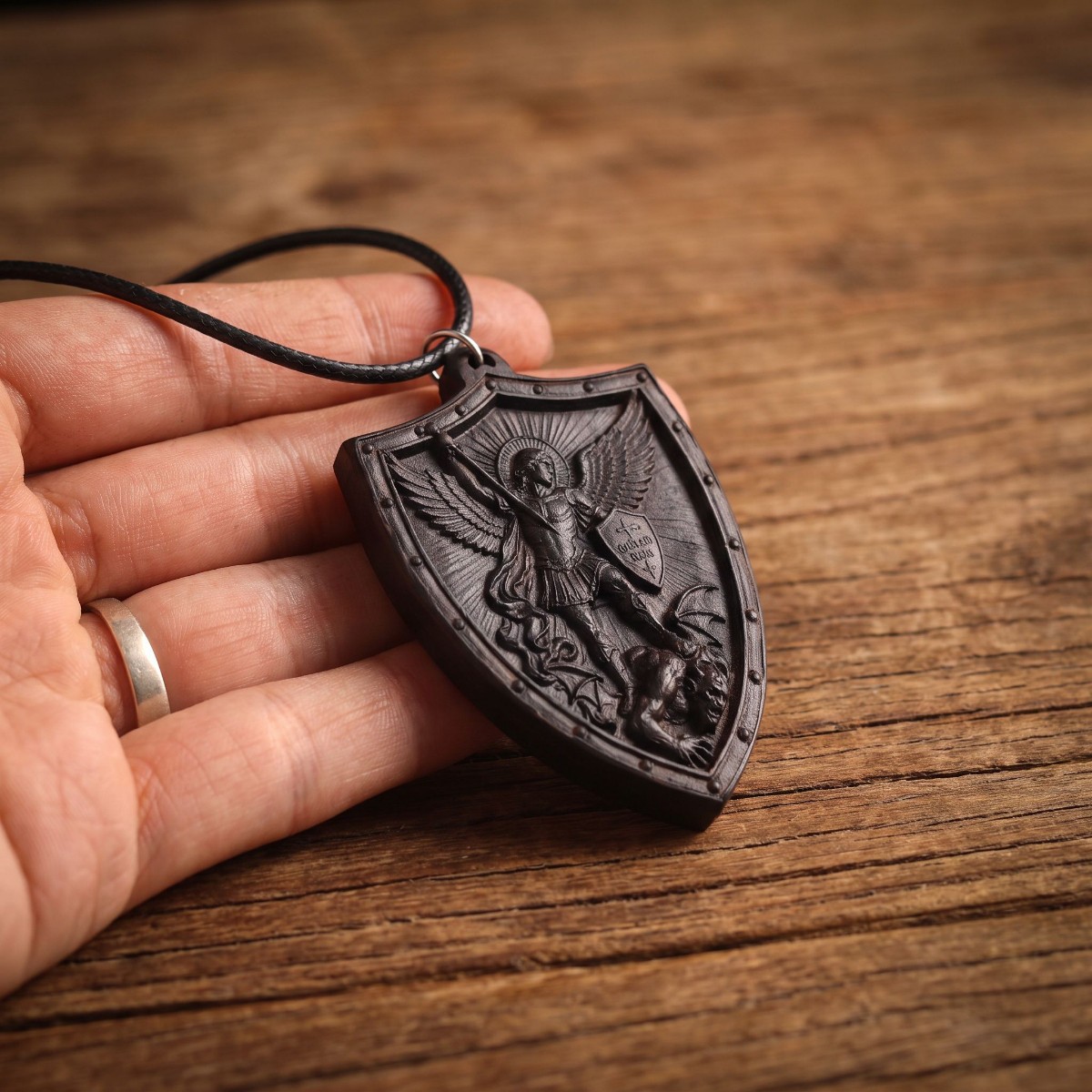 St Michael Shield Necklace – Handcrafted Ebony Wood Archangel Michael Pendant