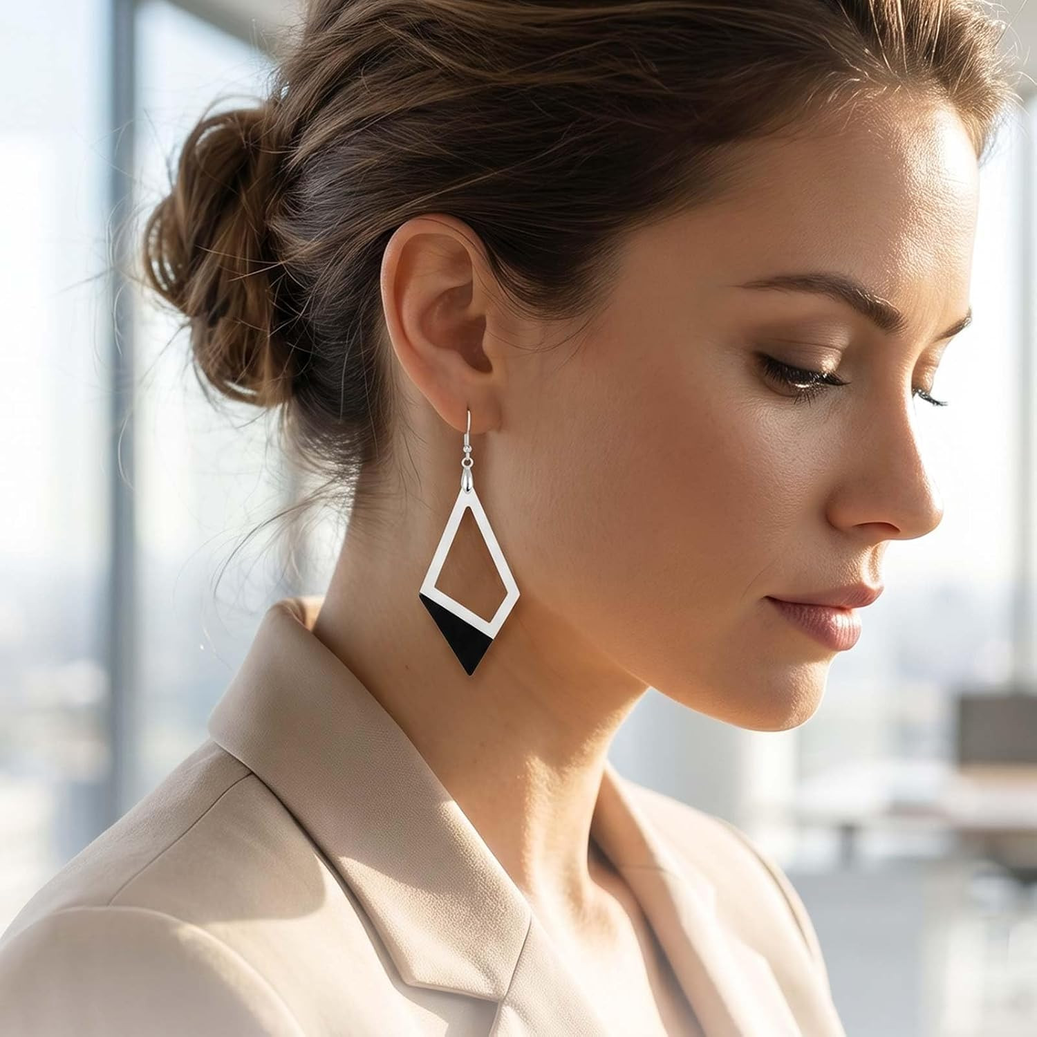 Black White Drop Earrings for Women Rectangle Hollow Geometric Long Dangle Earri