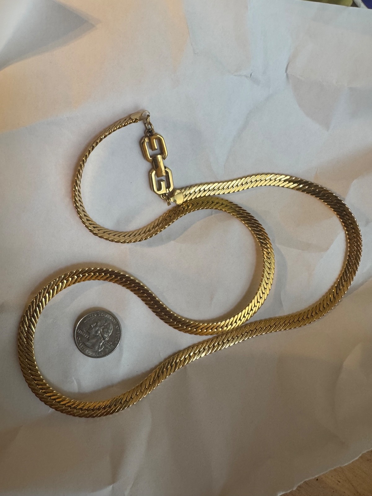 Vintage Givenchy 28” Gold Tone Herringbone Necklace