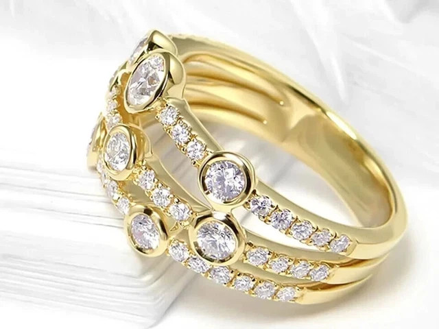 2Ct Round Lab-Created Bezel Set Three Row Bubble Ring 14k Yellow Gold Plated