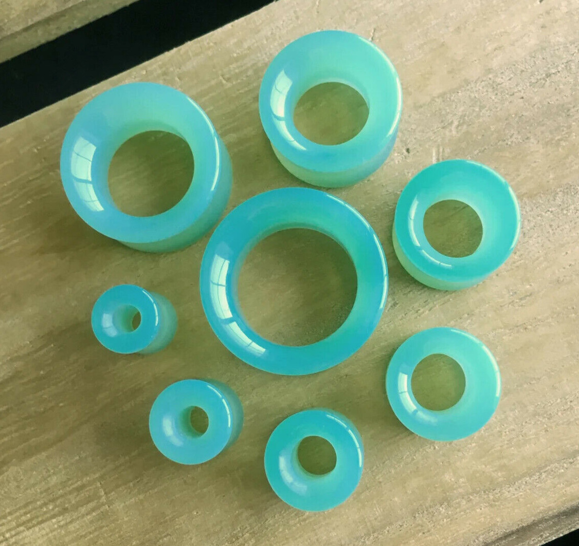 PAIR Green Opalite Glass Tunnels Double Flare Saddle Plugs Gauges Body Jewelry