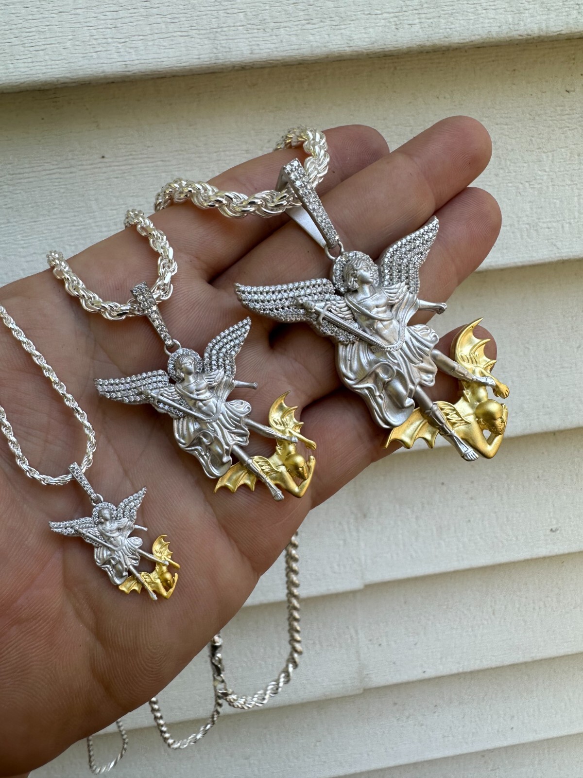 MOISSANITE St Michael Slaying Dragon Pendant 925 Silver & 14k Gold Necklace Iced