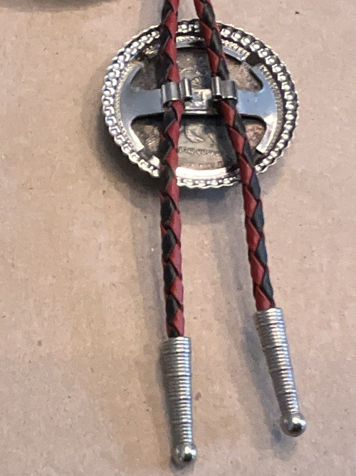 Men’s Adjustable Bolo Tie Red/Black Braided Leather Silver-Tone Round