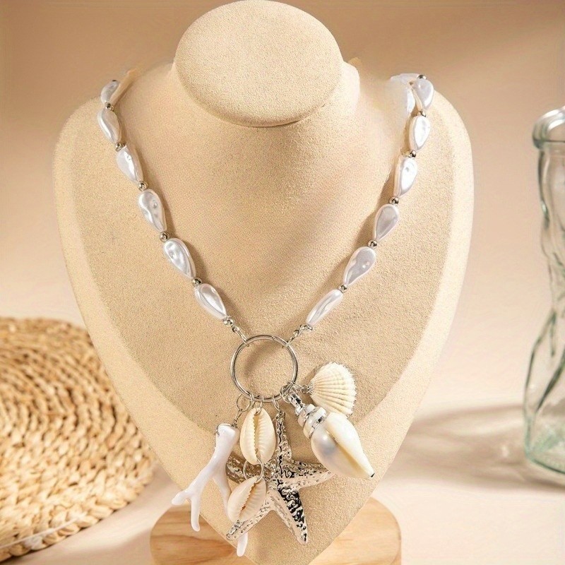 Bohemian Shell Starfish Pendant Necklace Imitation Pearl Necklace for Women