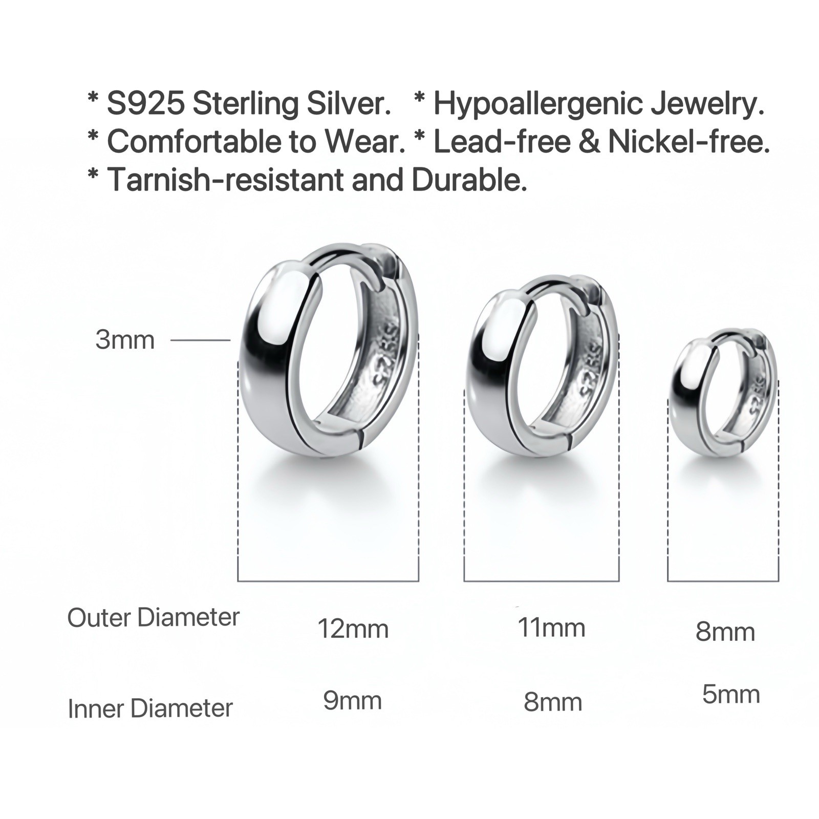 Plain Solid Silver Hoop S925 Huggie Earrings 2nd Holes Multiple Size unisex