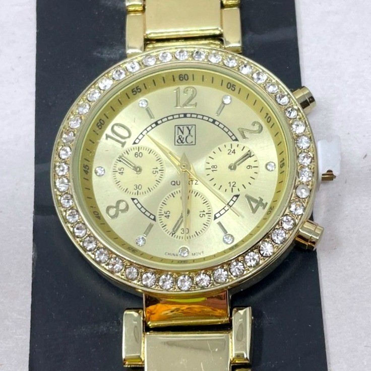 New York & Company Gold Tone Rhinestone Bezel Link Bracelet Watch NY&C