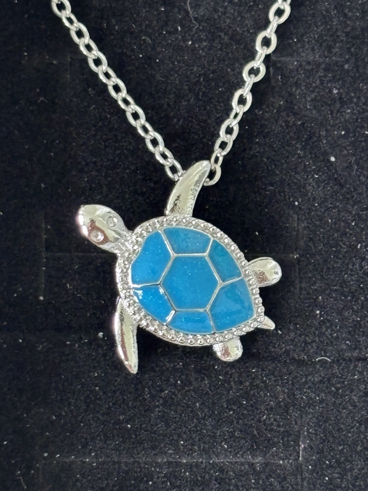 Blue And Sliver Colored Sea Turtle Necklace With Lobster Clasp