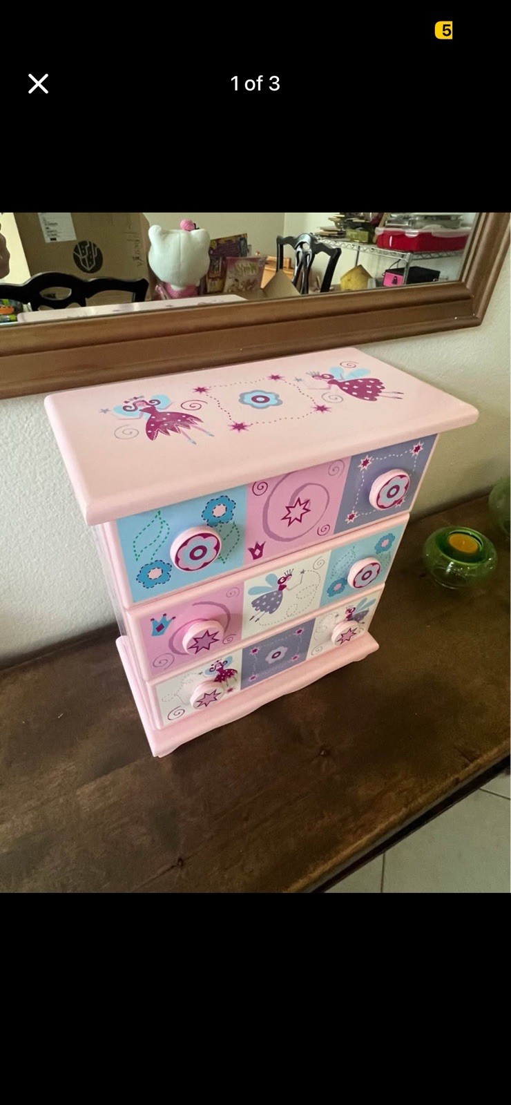 Pink Wood Princess Jewelry Box w/ Mirror, 3 Drawers & Compartments