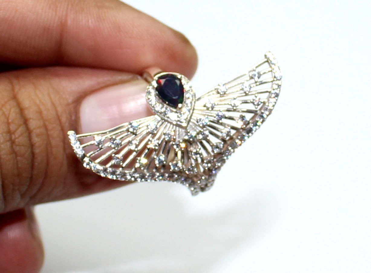 Natural Black Opal Ring, Eagle Wings Sterling Silver Ring, October Birthstone