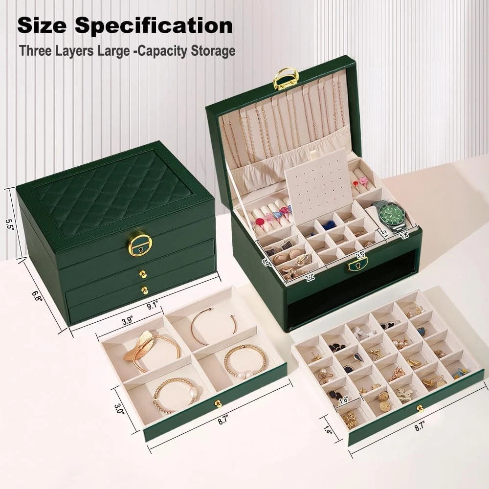 3 Layer Jewelry Box Organizer.Large Capacity Ring Earring Necklace Storage Case