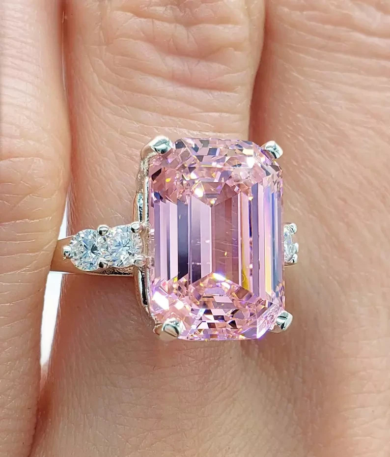 8.4 Ct Emerald Cut Natural Pink Sapphire Diamond Wedding Ring her 14K White Gold