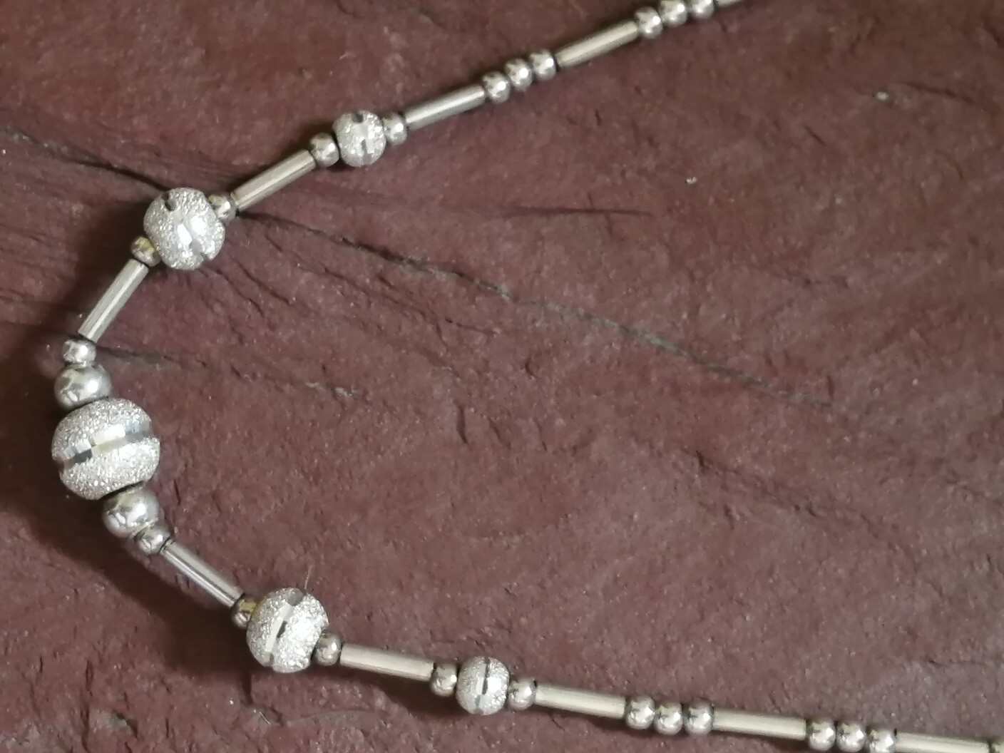 Sterling Silver Bead, Bar and Sparkling Ball Necklace, Excellent!