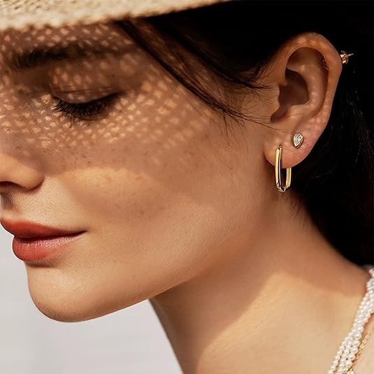 14K Gold Plated Sterling Silver Rectangle Hoop Earrings 12x23mm Lightweight Jewe