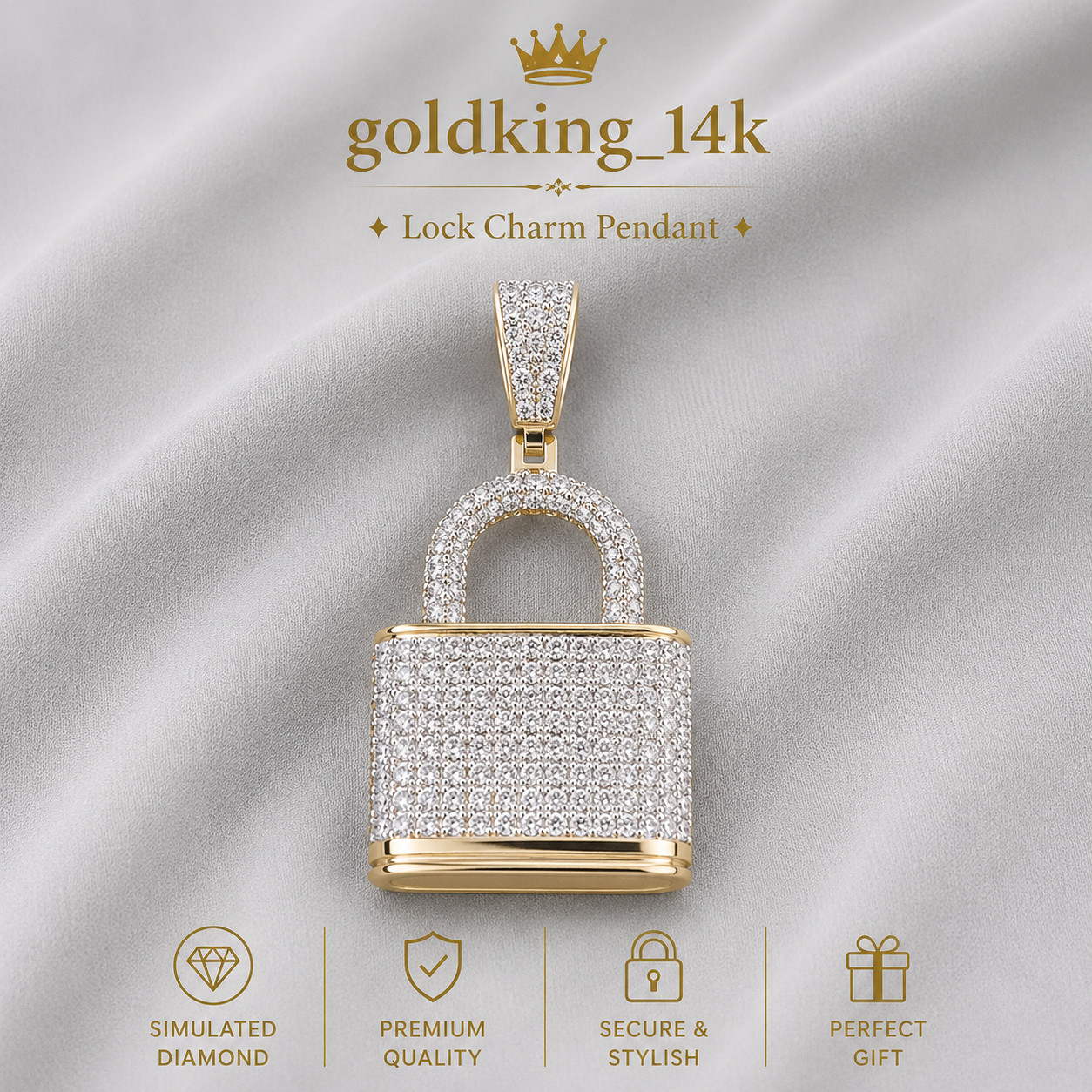 Lock Charm 3 Inch Pendant simulated Diamond 14K Yellow Gold Plated 925 Silver