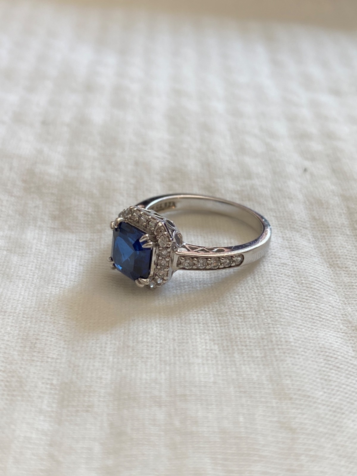 Asscher Cut Lab Created Sapphire Ring, Sterling Silver, Size 7
