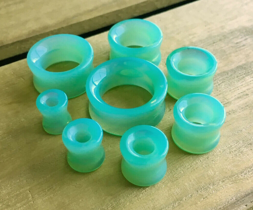 PAIR Green Opalite Glass Tunnels Double Flare Saddle Plugs Gauges Body Jewelry