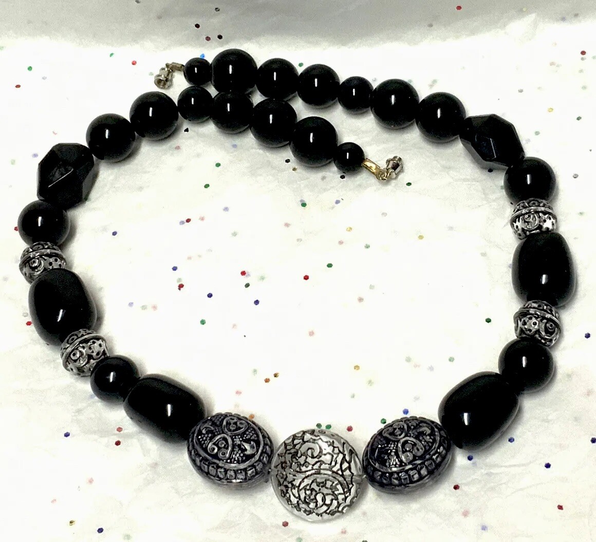 Vintage To Mod Black-White Plastic/Acrylic/Lucite/Crystal Bead Necklace {13~Lot}